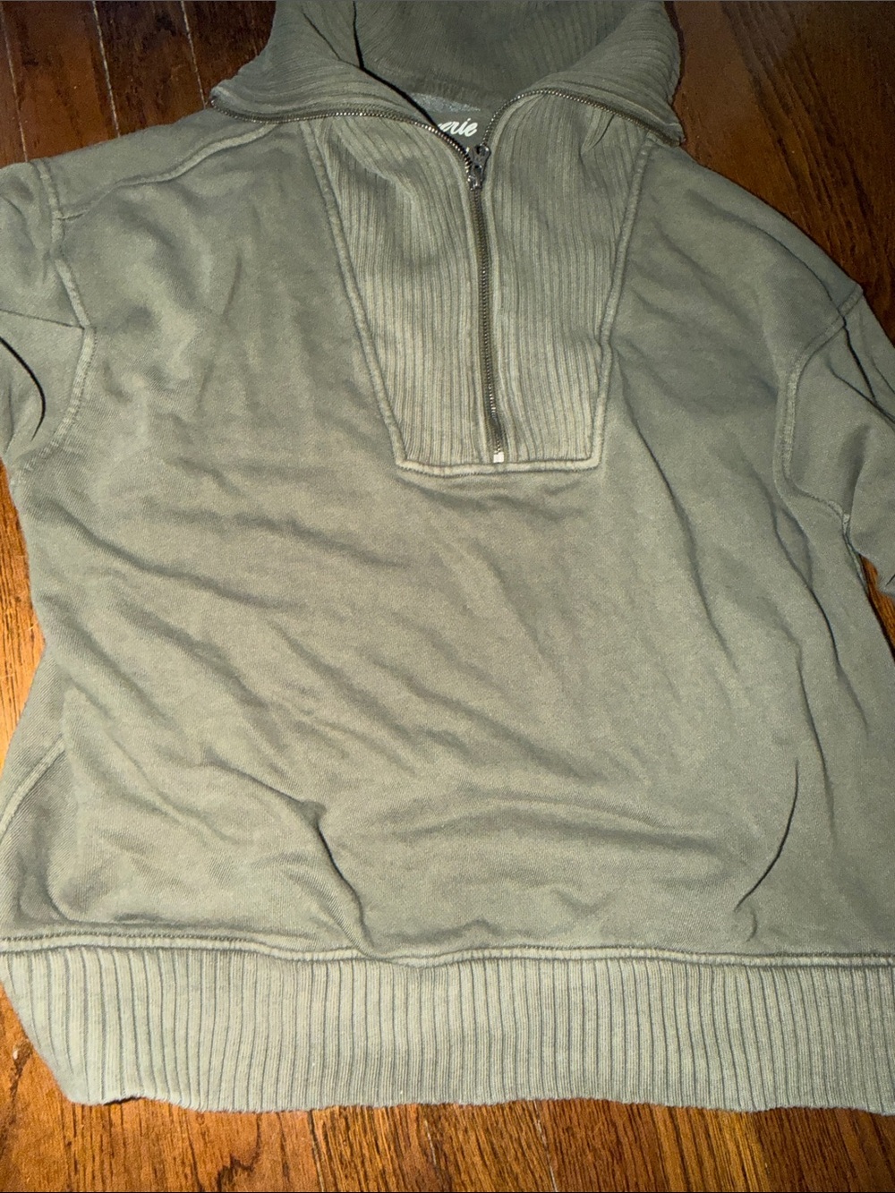 Women’s Olive Quarter-Zip Ribbed Funnel Neck Sweatshirt aerie - Picture 3 of 4